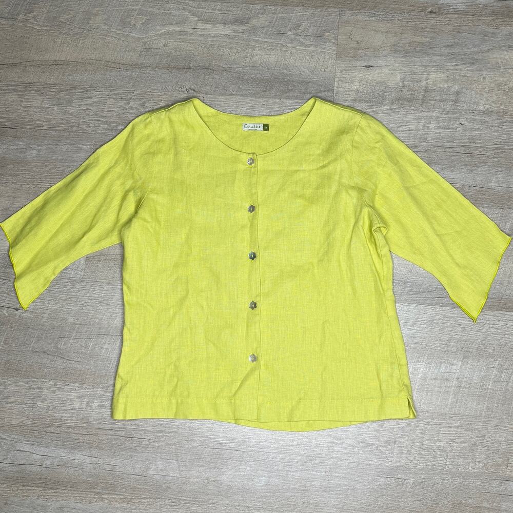 CHALET et Ceci Linen Top Chartreuse Green Boxy Lagenlook MOP Button Artsy Medium